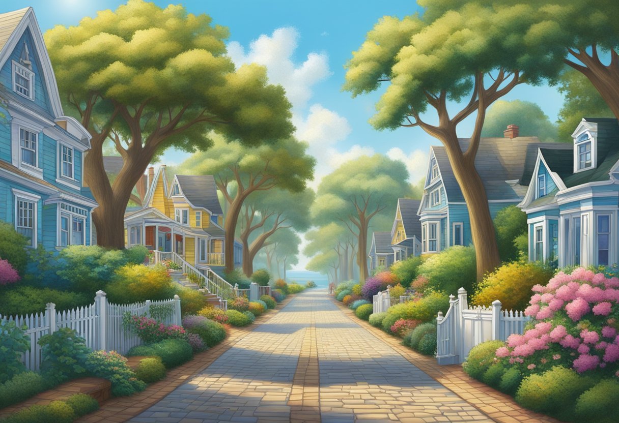 A quaint, cobblestone street lined with colorful Victorian homes, surrounded by lush gardens and towering oak trees, with a backdrop of the sparkling ocean and a clear blue sky