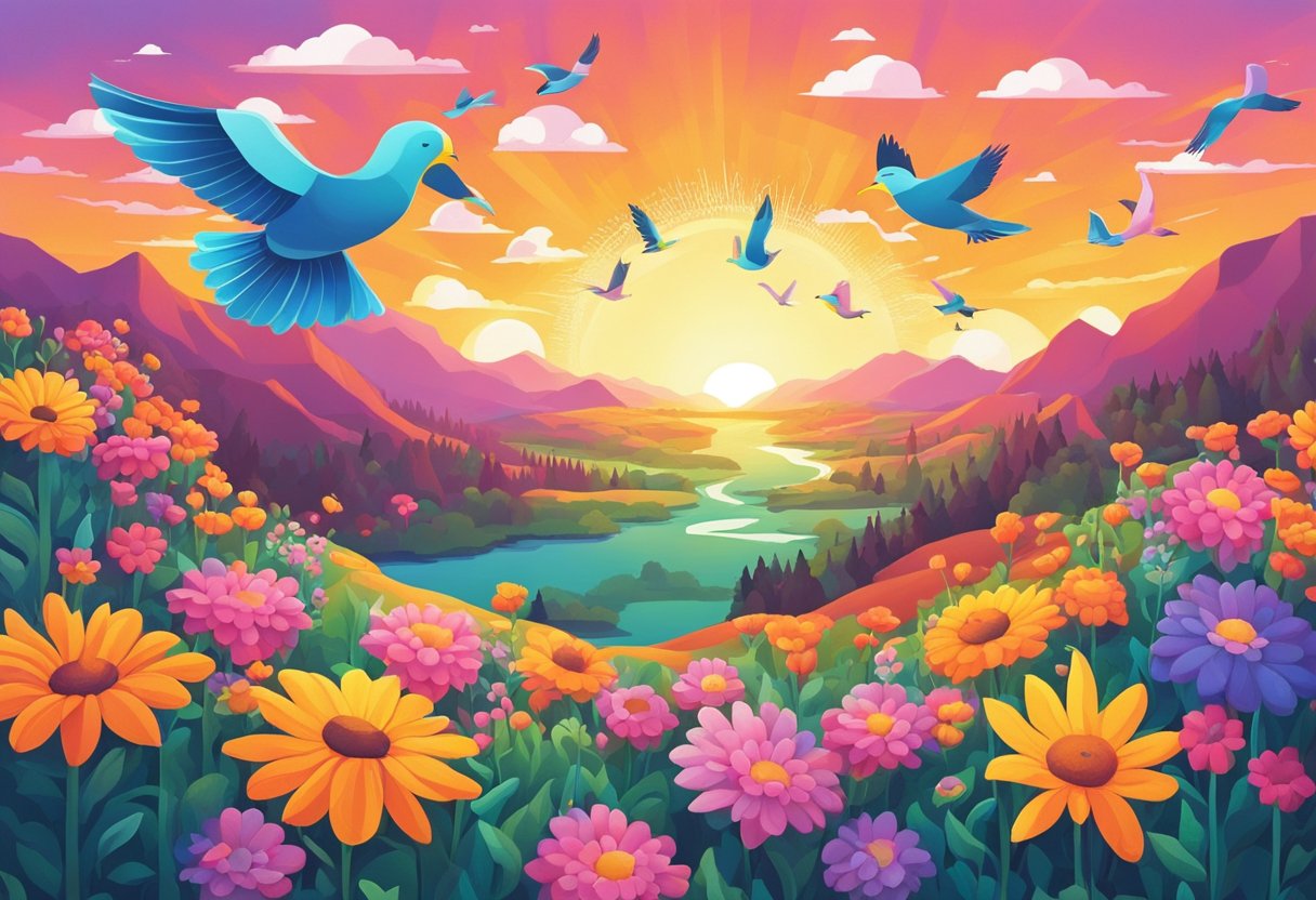 A vibrant sun rises over a serene landscape, with colorful flowers blooming and birds soaring in the clear sky