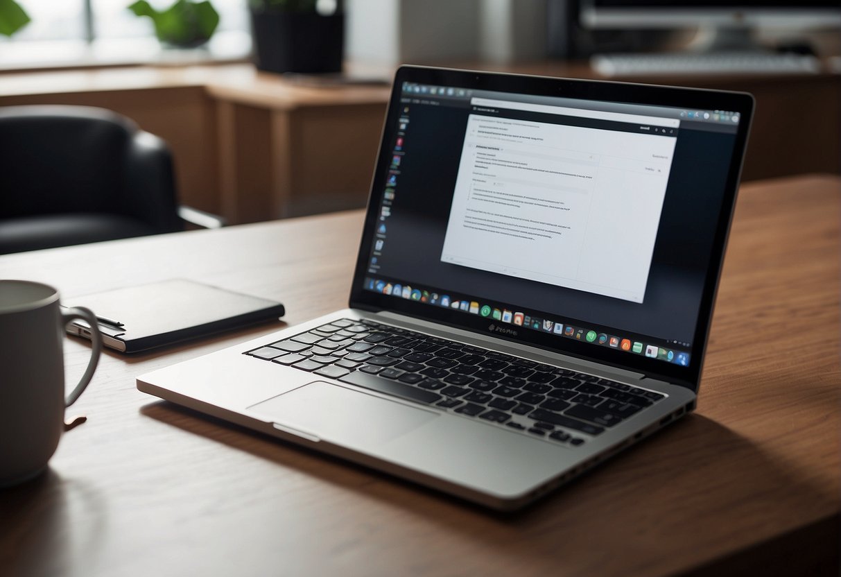 A laptop open on a desk with a professional setting in the background. A notepad and pen next to the laptop, ready for note-taking. A calm and organized environment with natural lighting