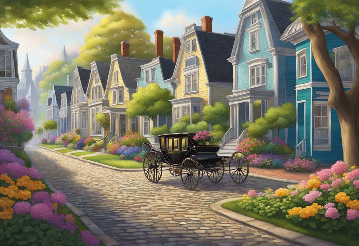 A cobblestone street winds past colorful Victorian houses, with blooming gardens and a horse-drawn carriage in the distance