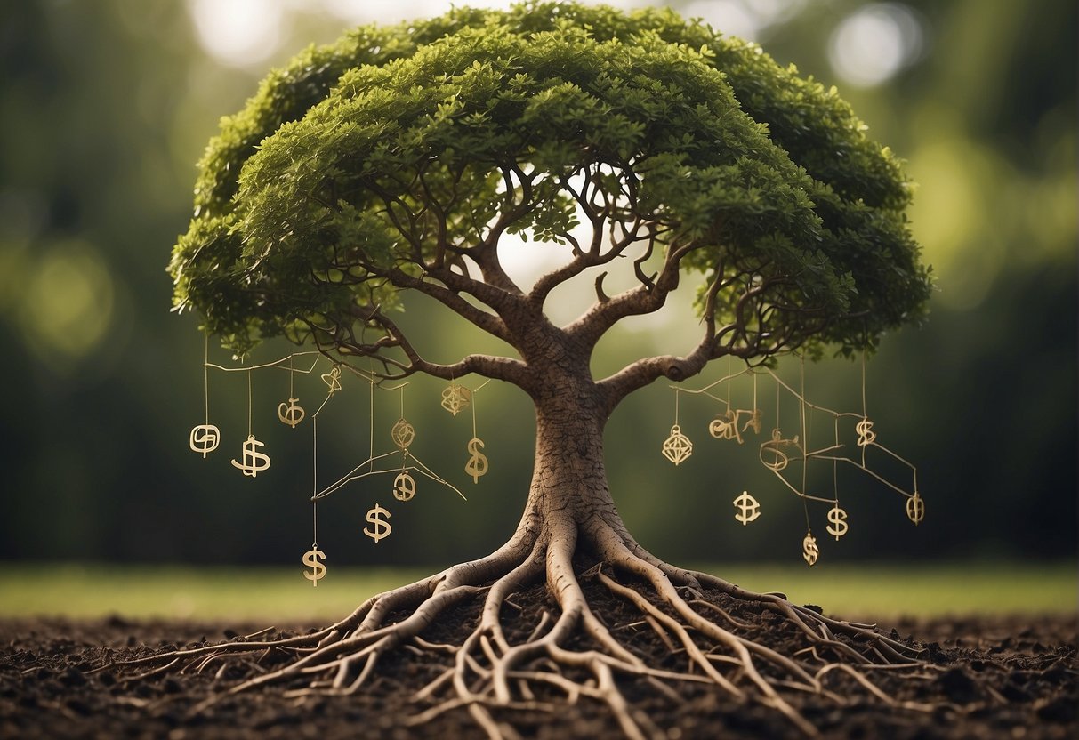 A flourishing tree with roots firmly planted in soil, surrounded by various symbols representing different passions and industries, with branches stretching out to connect with a network of diverse businesses