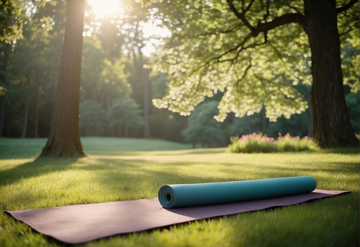 A serene outdoor setting with a yoga mat placed on lush green grass, surrounded by tall trees and blooming flowers, with the sun shining down and a gentle breeze blowing