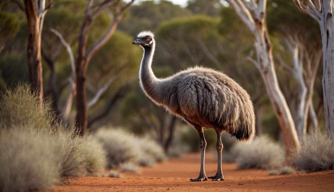 An emu stands tall in the Australian outback, surrounded by eucalyptus trees and red desert sand.

Its long, slender legs and distinctive feathers make it a striking figure against the rugged landscape