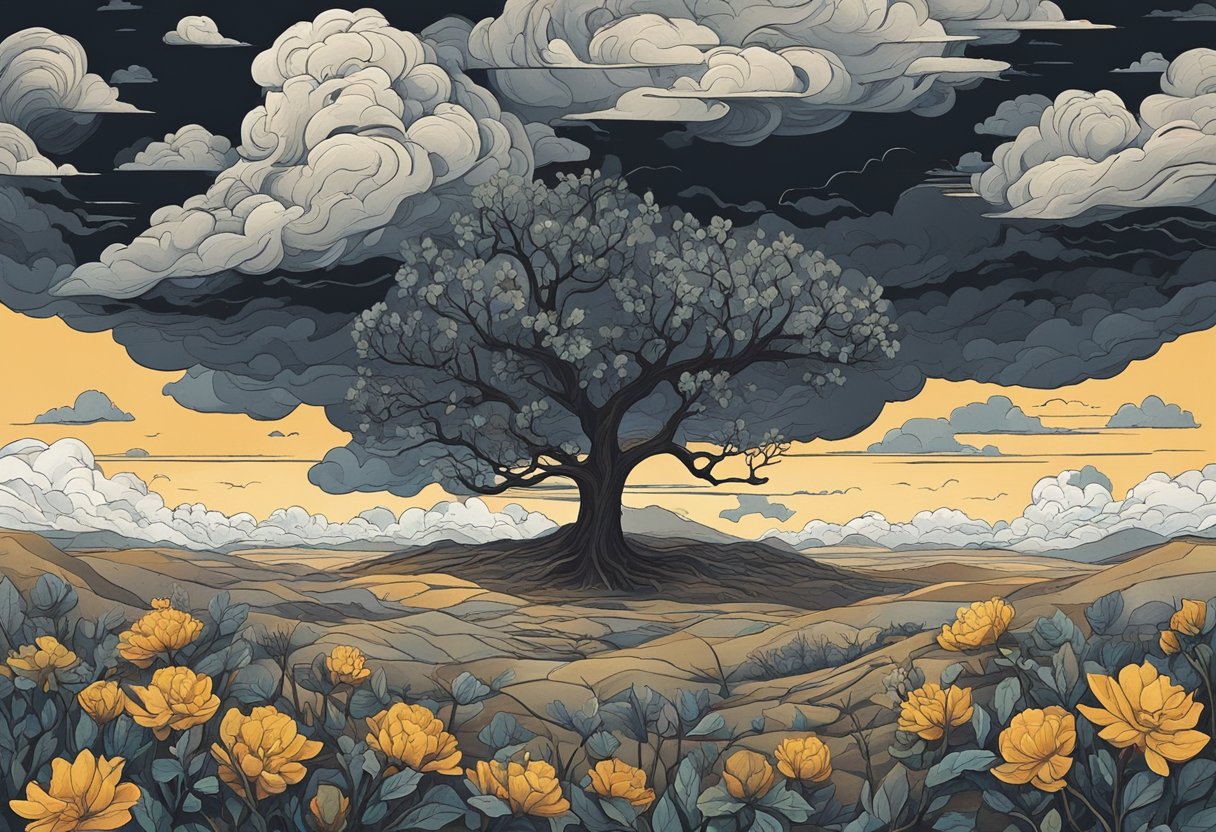 Dark clouds loom over a barren landscape, with wilted flowers and broken branches. A tattered quote hangs from a tree, symbolizing difficult times