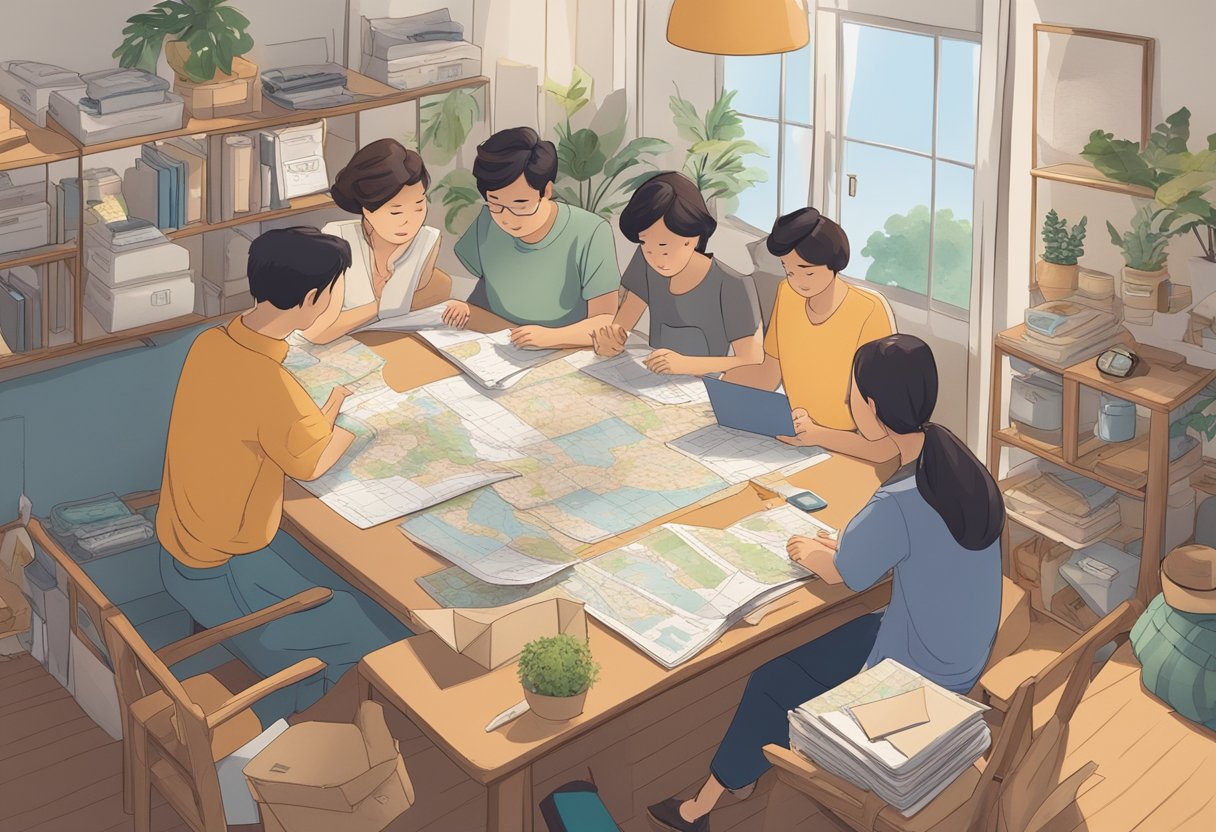 A family sits at a table, surrounded by maps, travel guides, and packing lists. They discuss their move from the US to Japan, making plans and organizing their belongings