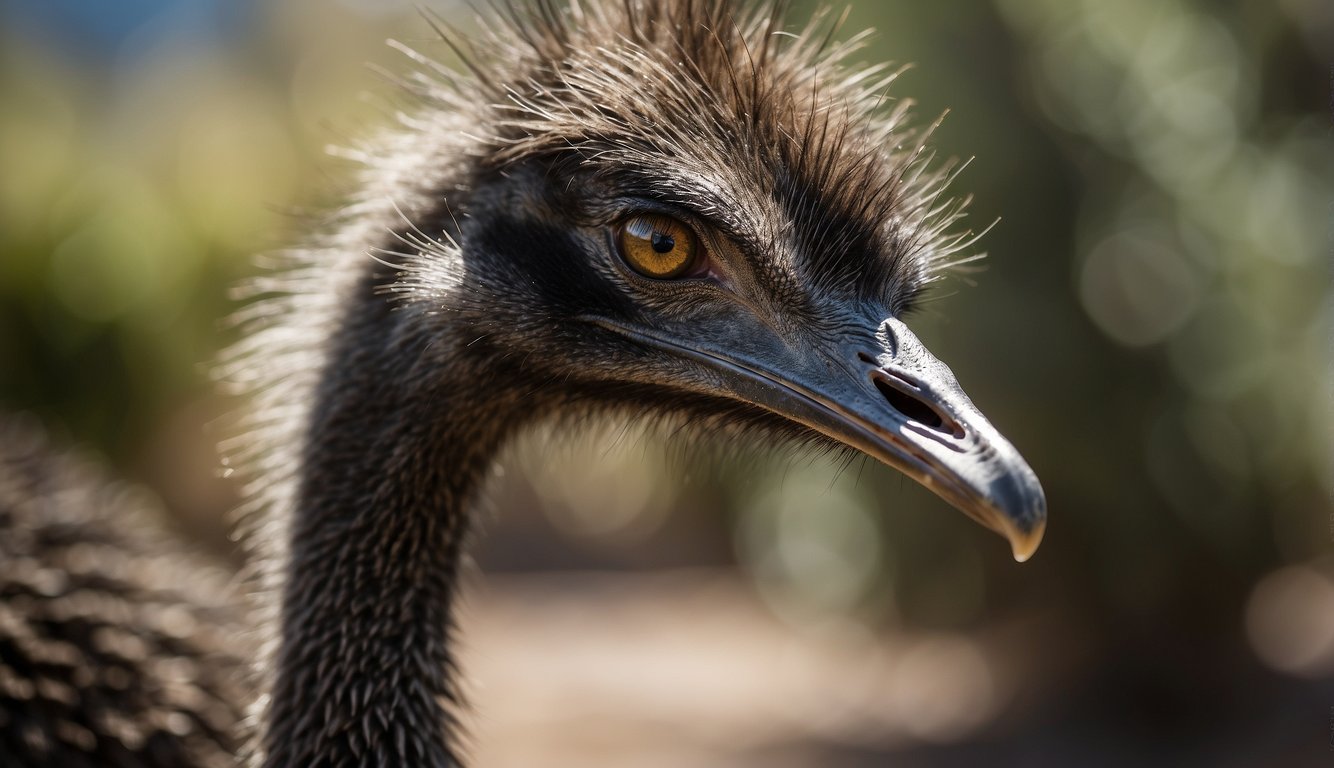 The emu stands tall, with long legs and a slender neck.

Its feathers are a mix of brown and gray, and its beady eyes are constantly scanning its surroundings