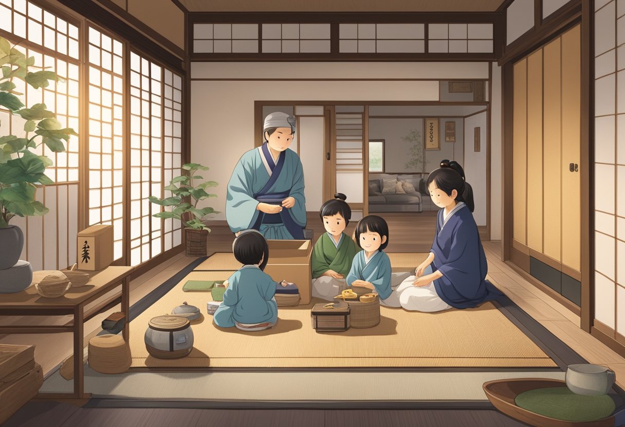 A family unpacking boxes in a Japanese home, surrounded by traditional sliding doors, tatami mats, and a small shrine