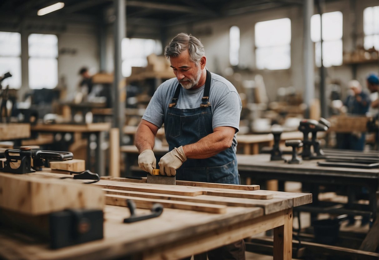 Local craftsmen and manufacturers create affordable outdoor furniture in a bustling workshop filled with tools and raw materials