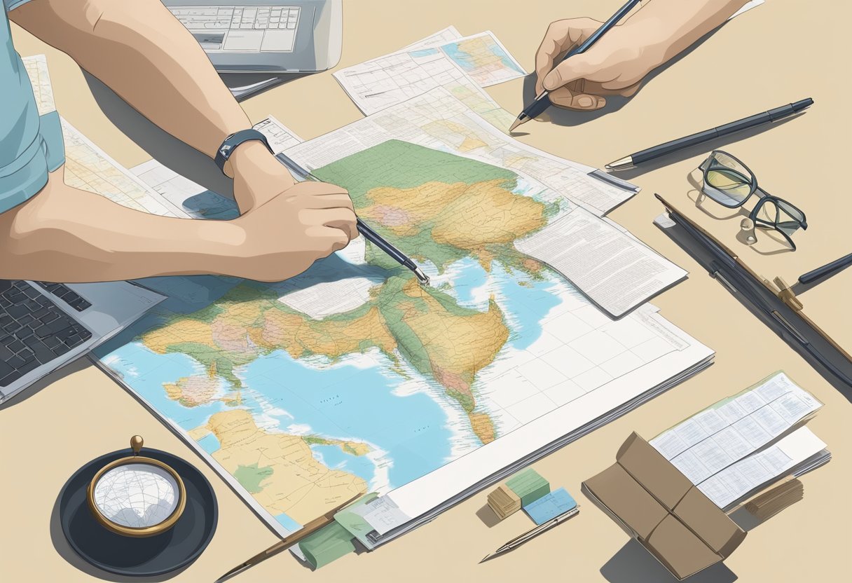 Legal documents being stamped and signed, administrative forms being filled out, and a map showing the journey from the US to Japan