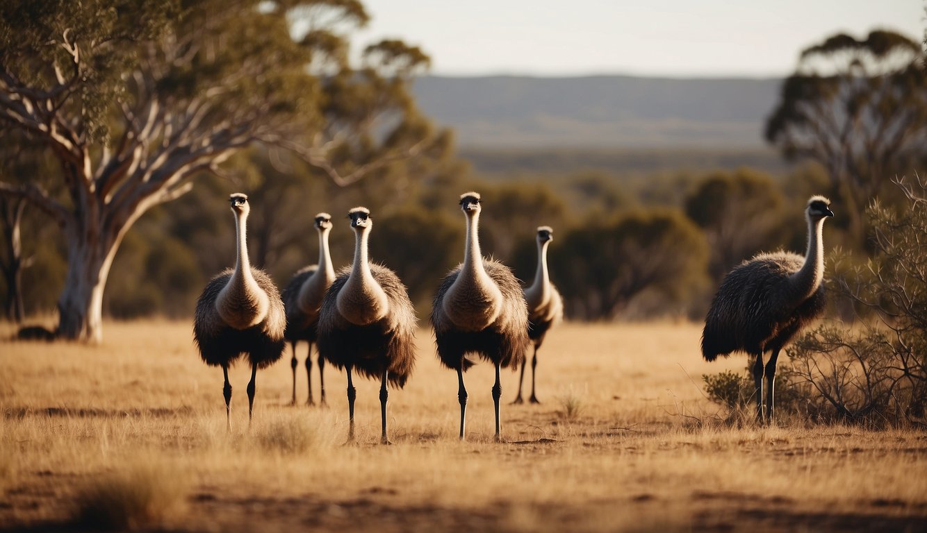 A group of emus roam freely in the Australian outback, surrounded by vast open plains and scattered eucalyptus trees