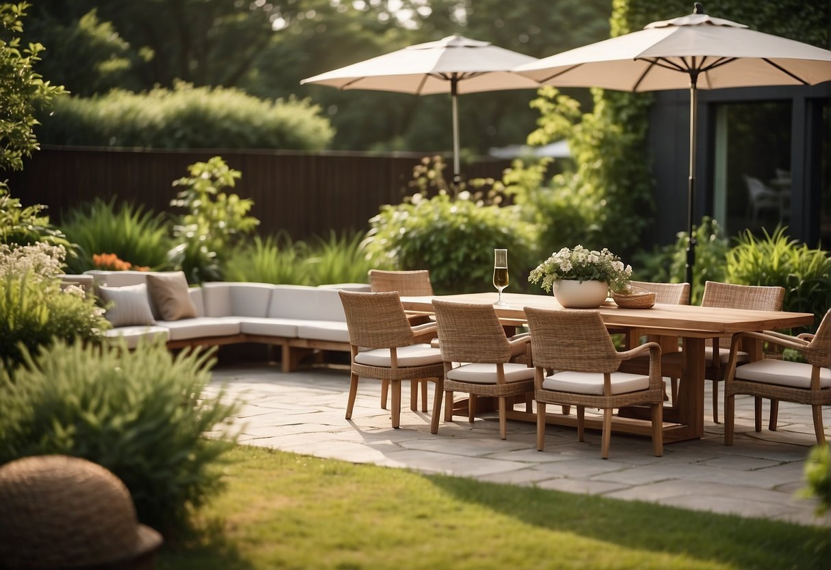 A garden with a variety of eco-friendly outdoor furniture options displayed in a natural setting, surrounded by lush greenery and sustainable materials