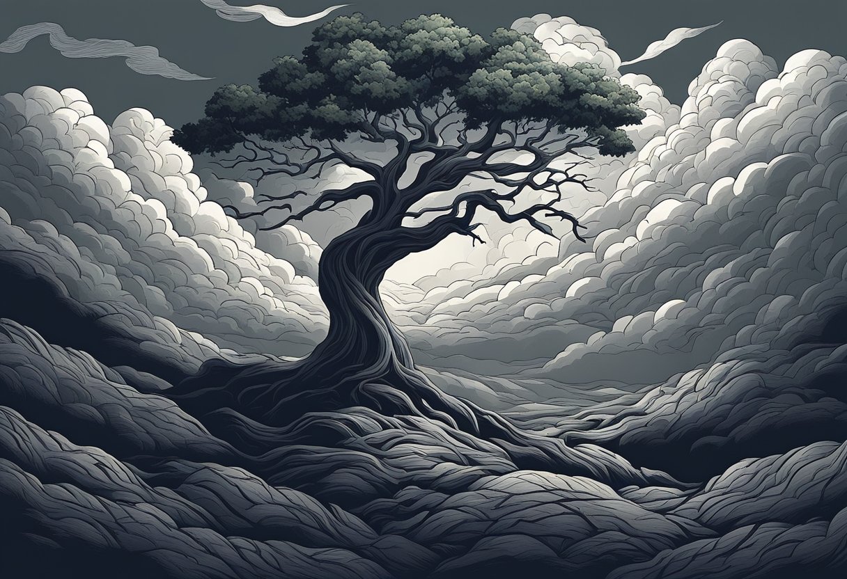 A stormy sky looms overhead, casting a dark and foreboding atmosphere. A lone tree stands resilient against the harsh winds, its branches twisting and contorting in the tumultuous weather