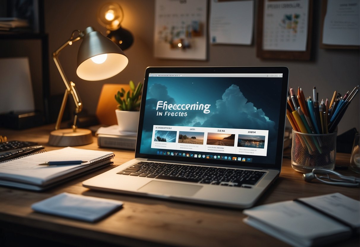 A desk cluttered with art supplies, a laptop, and a notebook. A calendar on the wall displays the year 2024. The laptop screen shows "Discovering Your Niche and Skill Set 10 freelance ideas to make money in 202