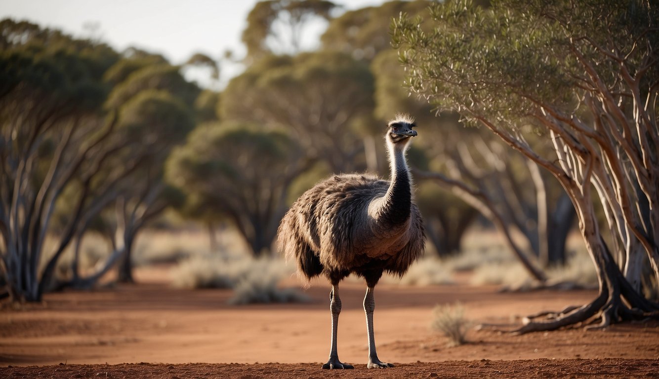 An emu stands tall in the Australian outback, surrounded by eucalyptus trees and red desert sand.

Its long neck and powerful legs convey a sense of strength and mystery