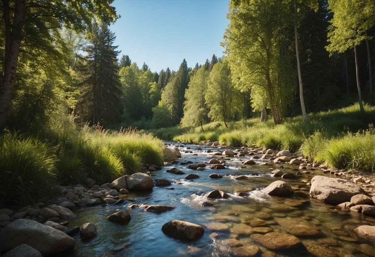 A serene nature scene with a peaceful stream, lush green trees, and a clear blue sky, creating a tranquil and calming atmosphere