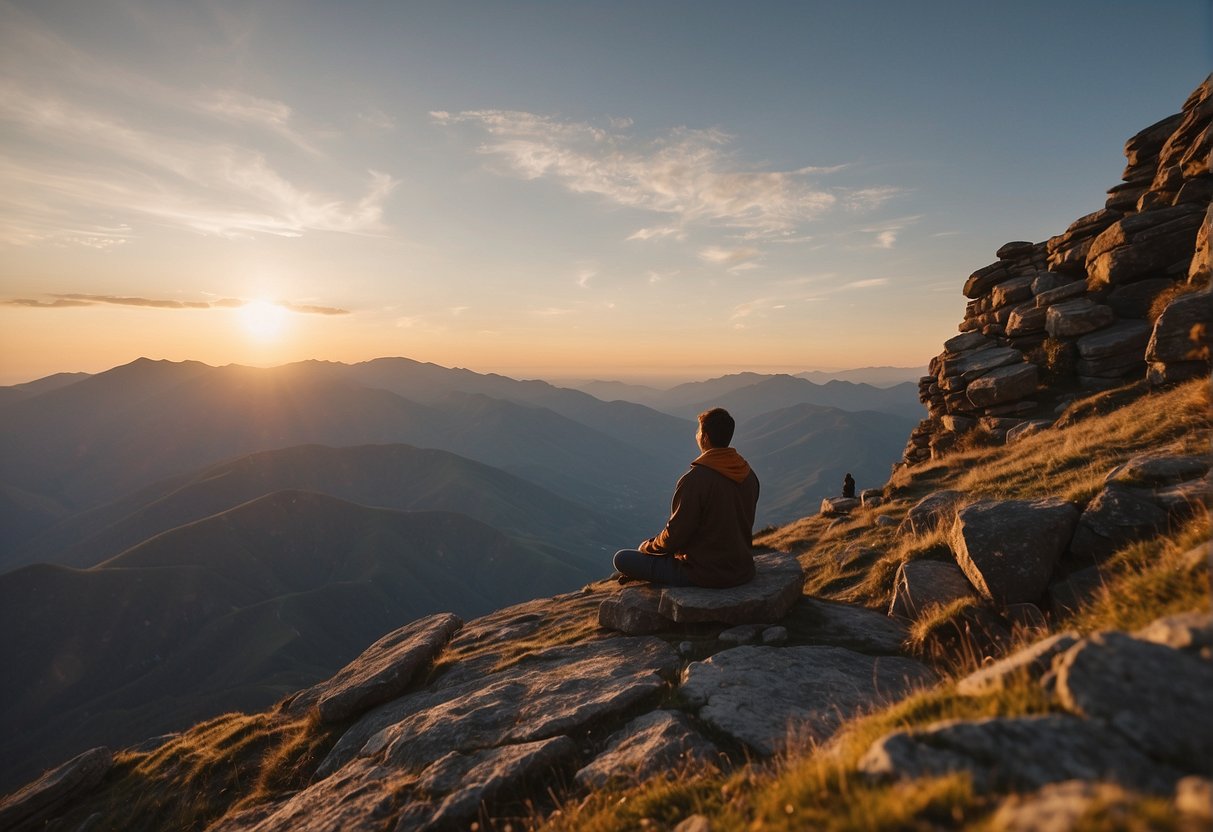 A person meditates on a mountaintop, surrounded by obstacles. The sun rises, casting a warm glow on the scene