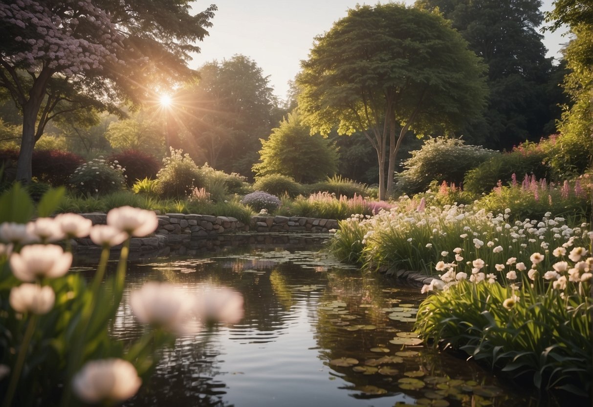 A serene garden with blooming flowers, a peaceful pond, and a gentle breeze, creating a tranquil atmosphere for mindfulness practice