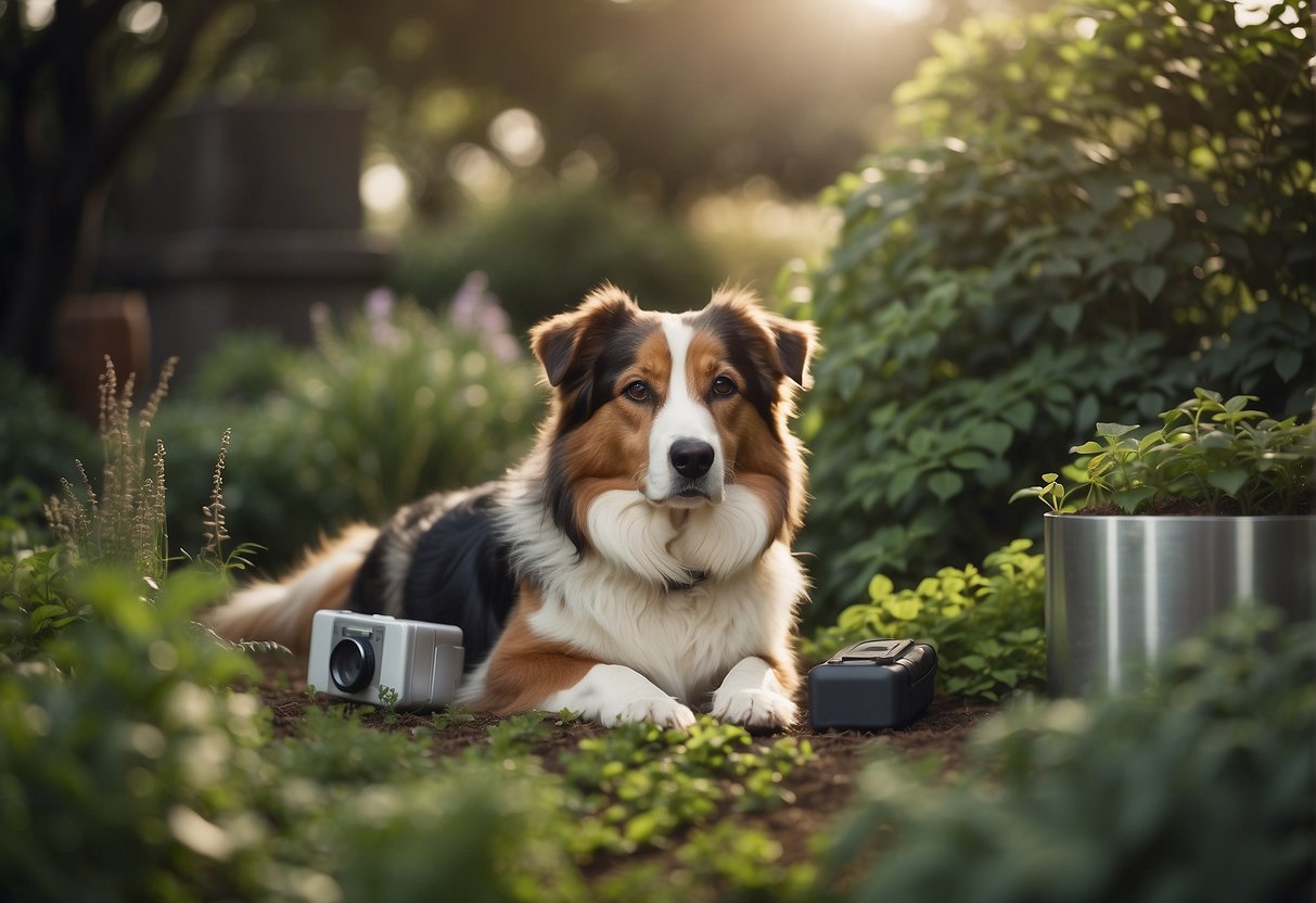 A dog lying in a garden surrounded by toxic plants, with a concerned owner holding a first aid kit nearby