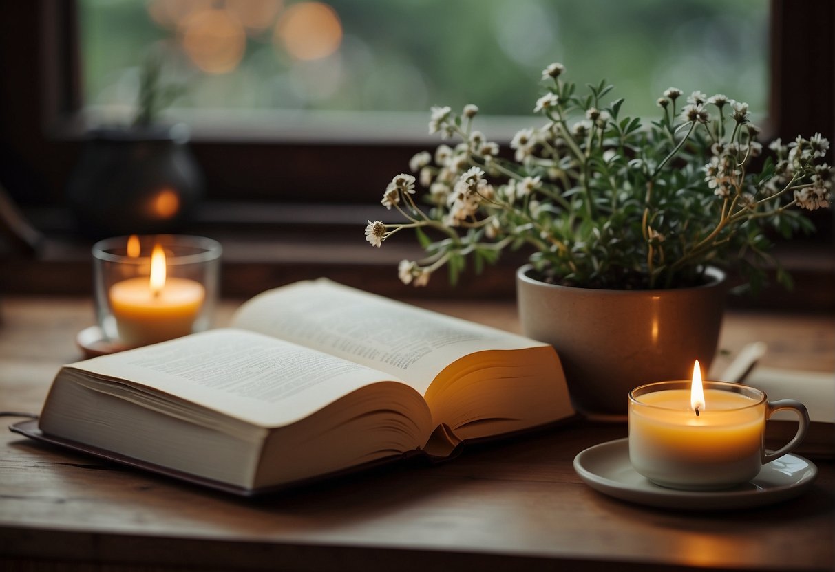 A serene setting with a warm bath, aromatic candles, a cozy blanket, and a journal for reflection. A cup of herbal tea and a potted plant add to the peaceful ambiance