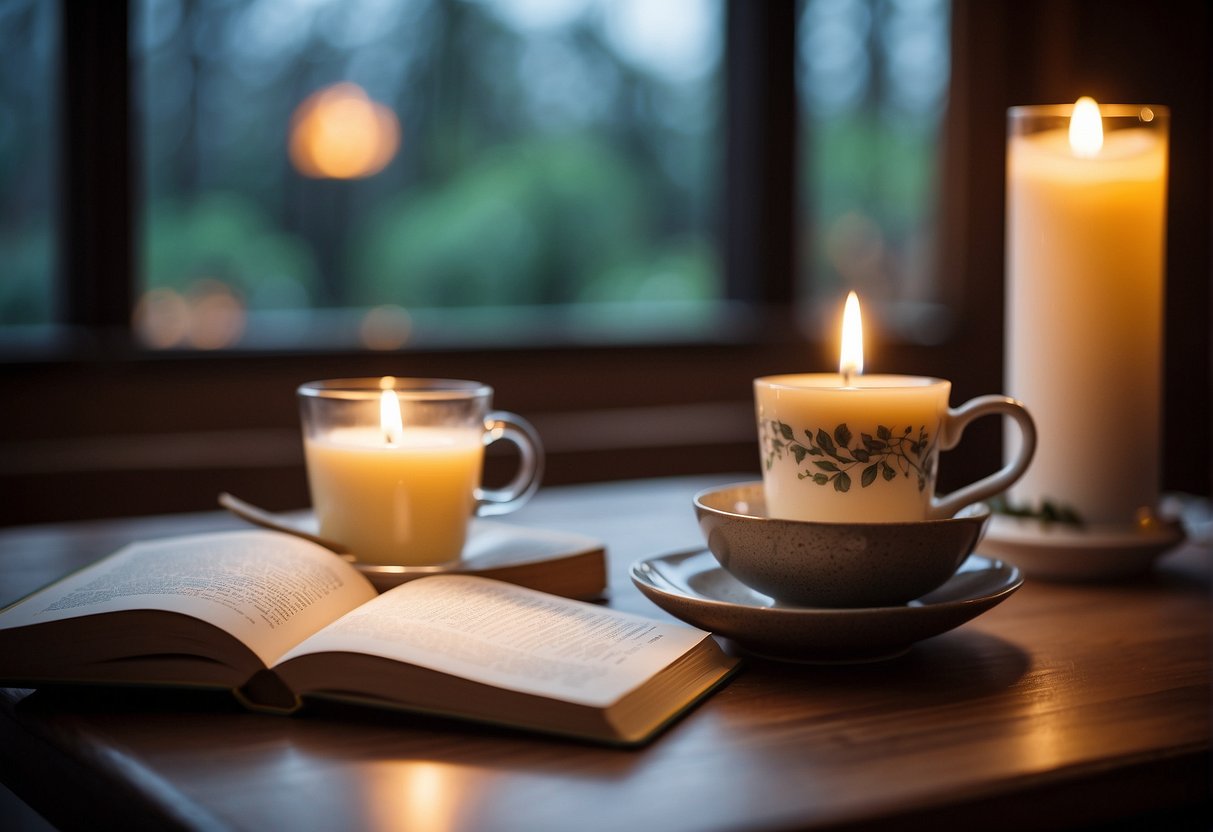 A serene setting with a cozy space for self-care, including a warm cup of tea, a journal, a soothing candle, and a comfortable chair for relaxation