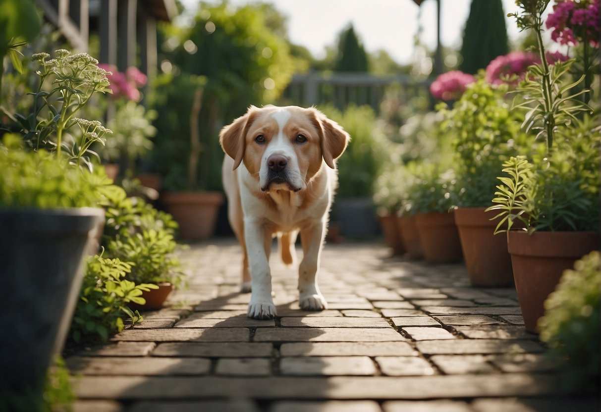 A dog sniffing a garden with toxic plants labeled "poisonous to dogs" in bold letters