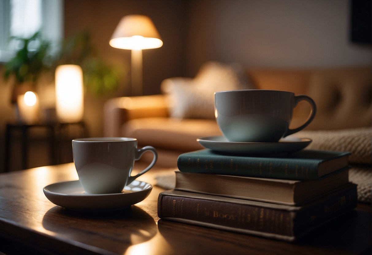 A cozy living room with soft lighting, a warm blanket, a cup of herbal tea, and a stack of books. A soothing playlist plays in the background, creating a peaceful atmosphere for relaxation