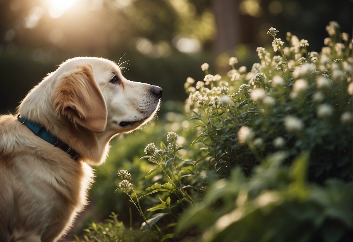 A dog sniffs at various outdoor plants, some of which are toxic