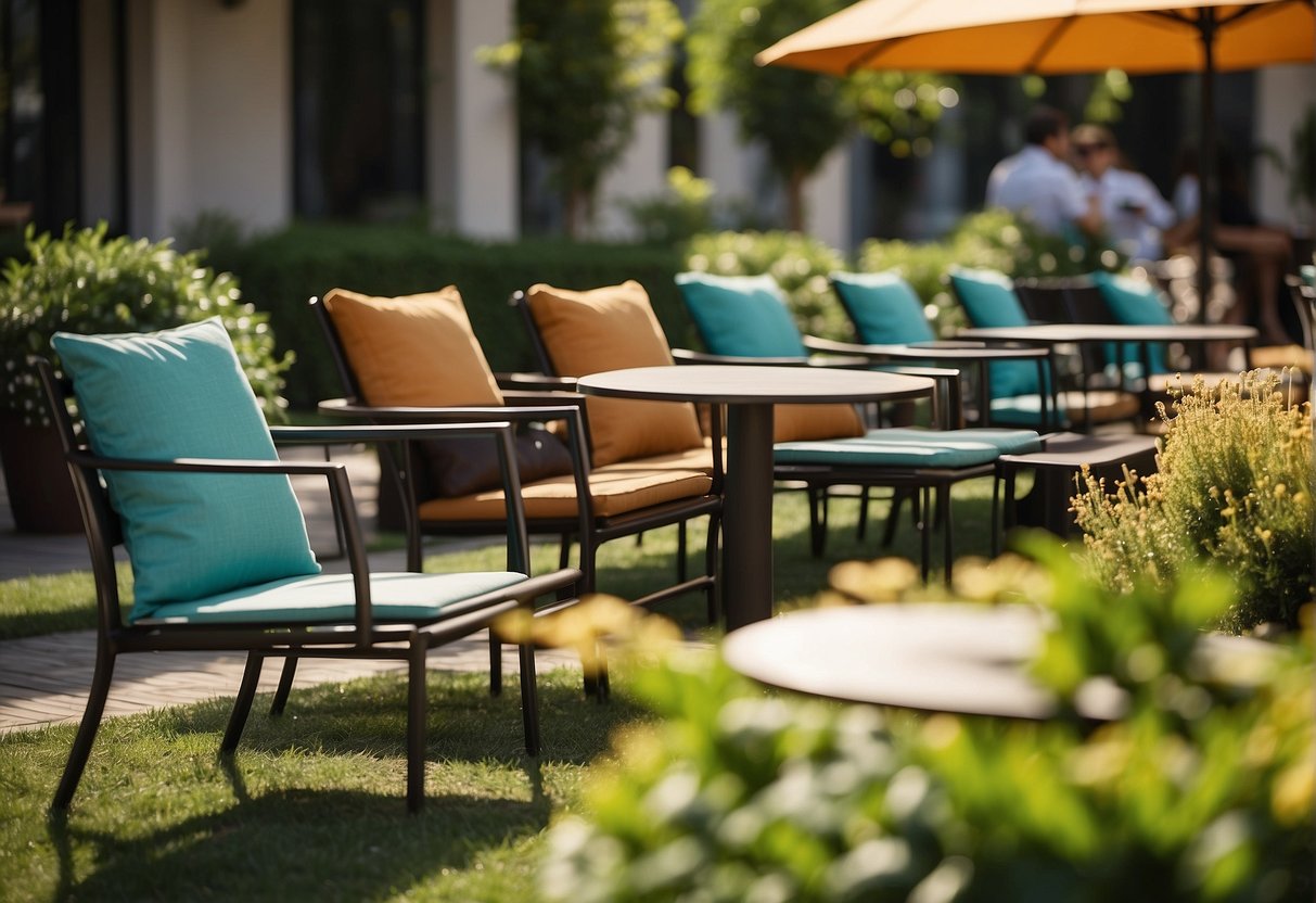 Outdoor furniture displayed on colorful online marketplaces. Tables, chairs, and umbrellas at discounted prices. Bright, sunny background with greenery