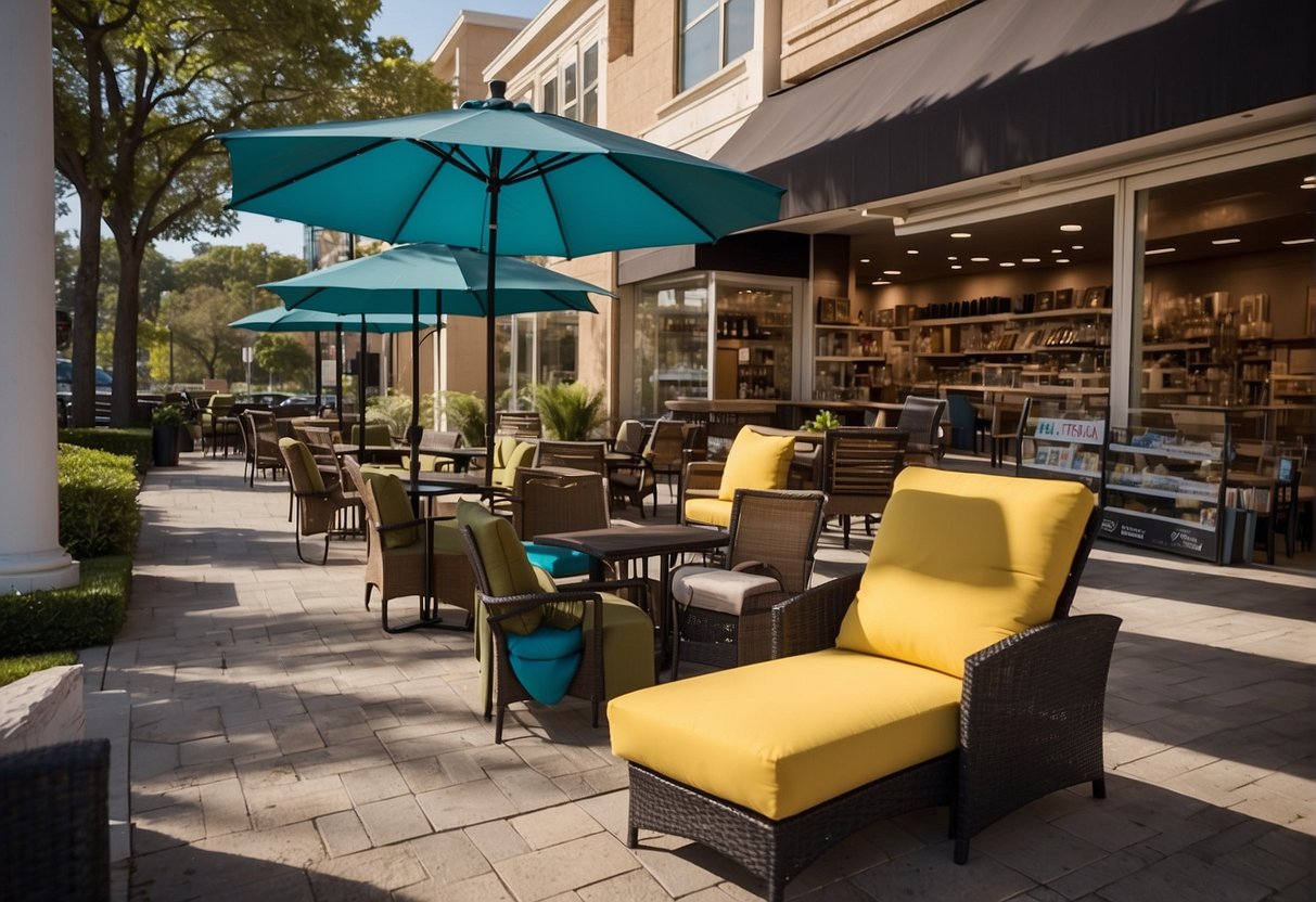 A variety of stores offer affordable outdoor furniture. Shelves are stocked with chairs, tables, and umbrellas. Signs advertise discounted prices