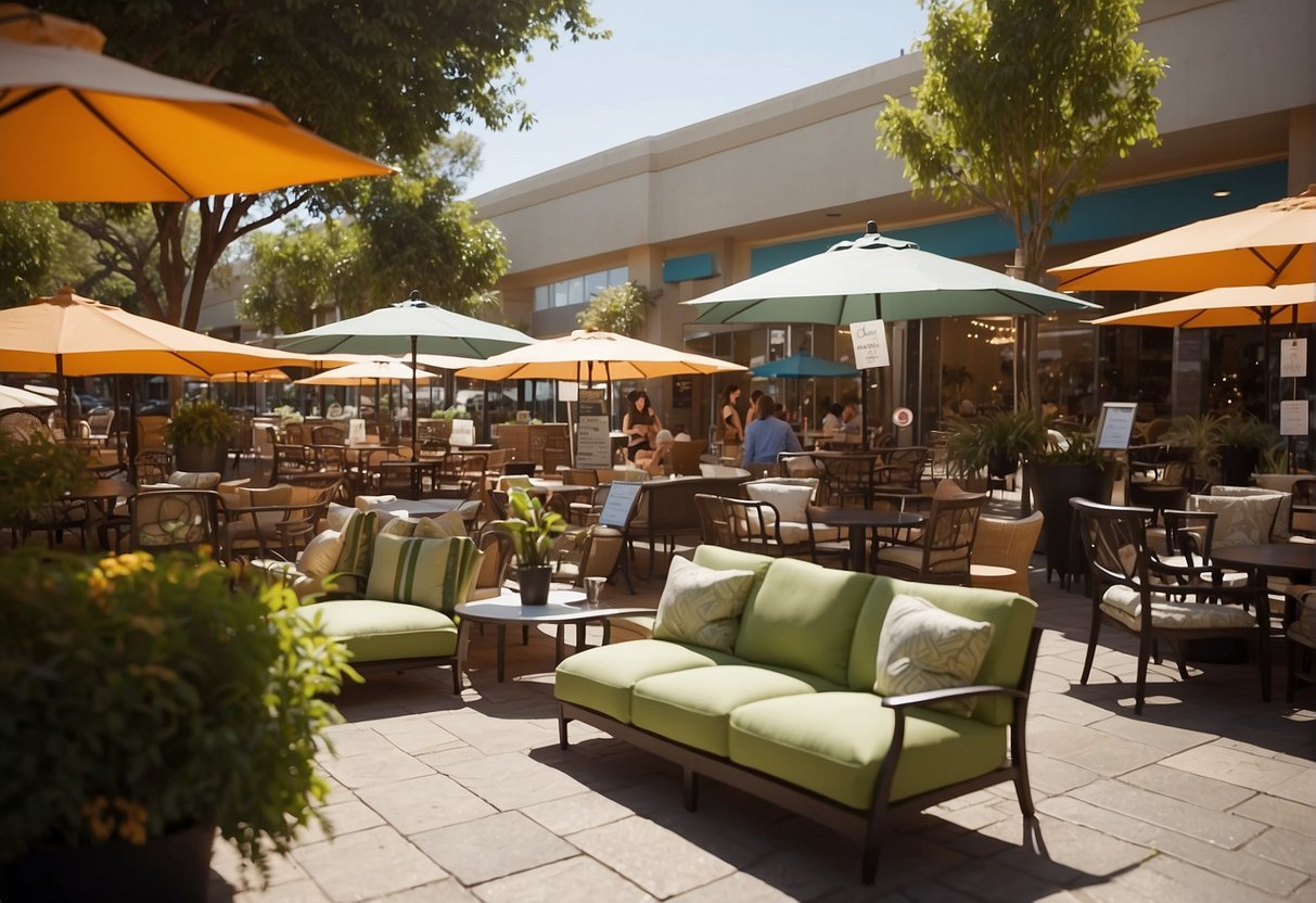 A bustling outdoor furniture store with bright sale signs and discounted price tags. Shoppers browse through rows of chairs, tables, and umbrellas