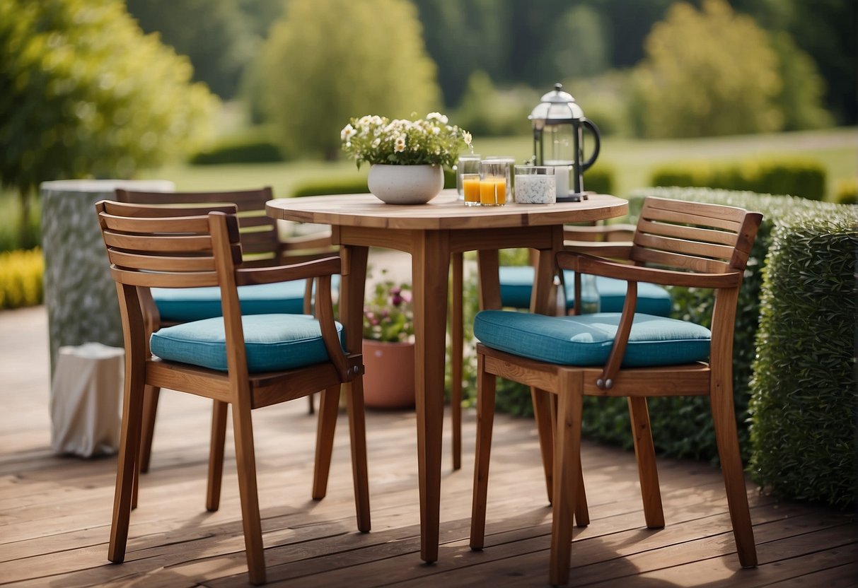 A table with two outdoor furniture sets side by side, each with price tags and features listed. A sign above reads "Comparing Prices and Features."