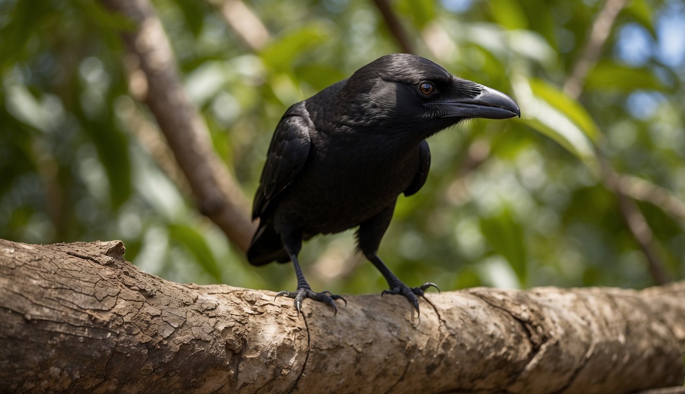 A New Caledonian crow holds a stick, using it to extract insects from a tree crevice.

It carefully maneuvers the tool, displaying dexterity and problem-solving skills