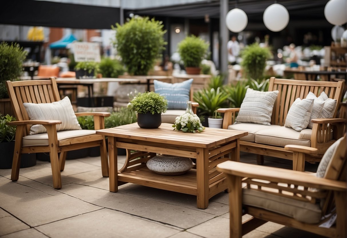 A variety of affordable outdoor furniture displayed in a store with price tags and labels indicating budget-friendly materials and designs