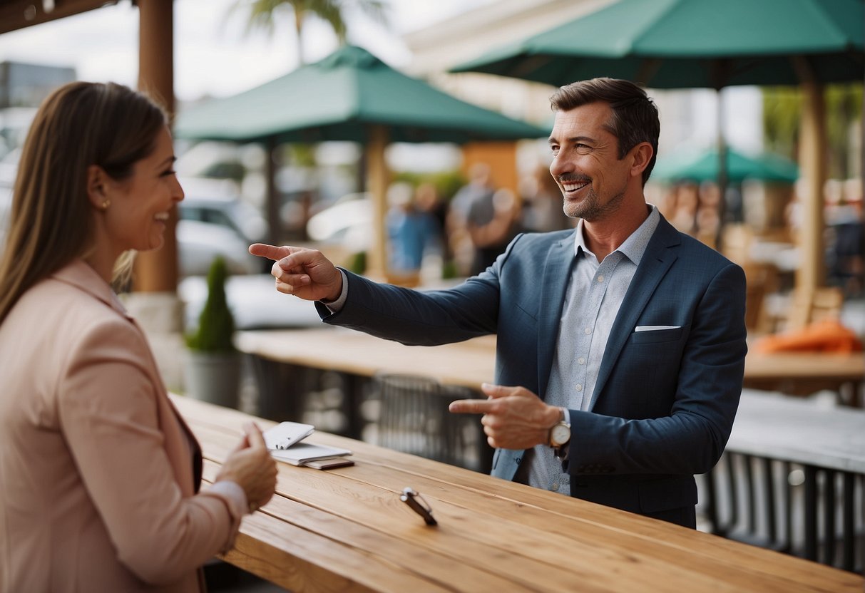 A customer pointing at a price tag while a salesperson nods, indicating a negotiation and price matching policy at a store selling outdoor furniture