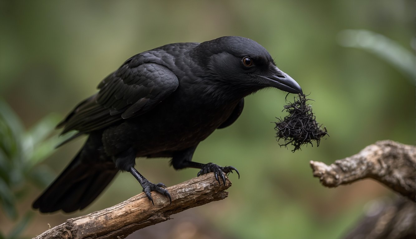 The New Caledonian crow skillfully manipulates a stick to extract food from a crevice, showcasing its exceptional tool use and problem-solving abilities