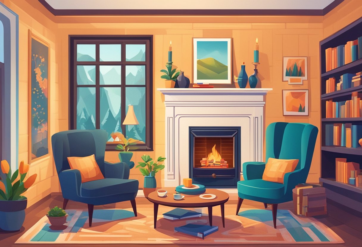A cozy living room with a warm fireplace, a comfy armchair, and a table with a cup of tea and a book. A framed photo of a couple sits on the mantel, surrounded by flickering candles