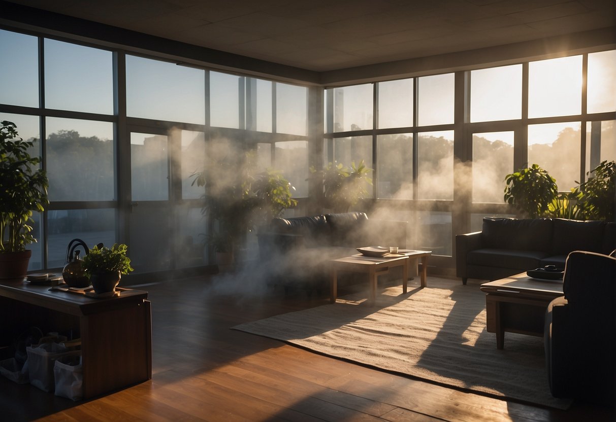 A room with closed windows and doors, filled with various sources of indoor air pollution such as cooking fumes, cleaning chemicals, and smoke