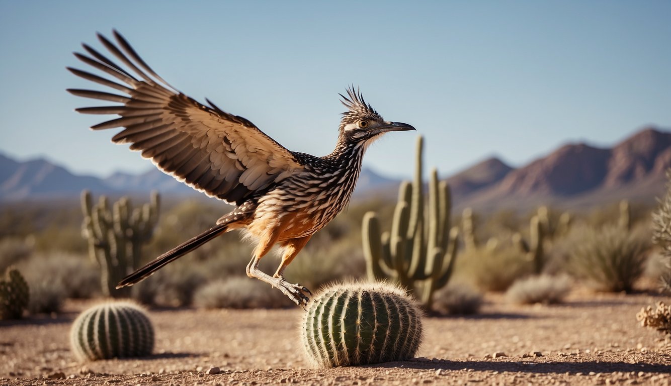 The roadrunner dashes across the arid landscape, its long legs propelling it forward as it evades a swooping hawk.

The cactus-studded terrain provides cover as the bird zigzags to safety