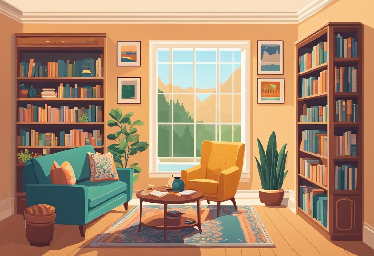 A cozy living room with a bookshelf, a comfortable armchair, and a warm fireplace, where a framed quote about wives hangs on the wall