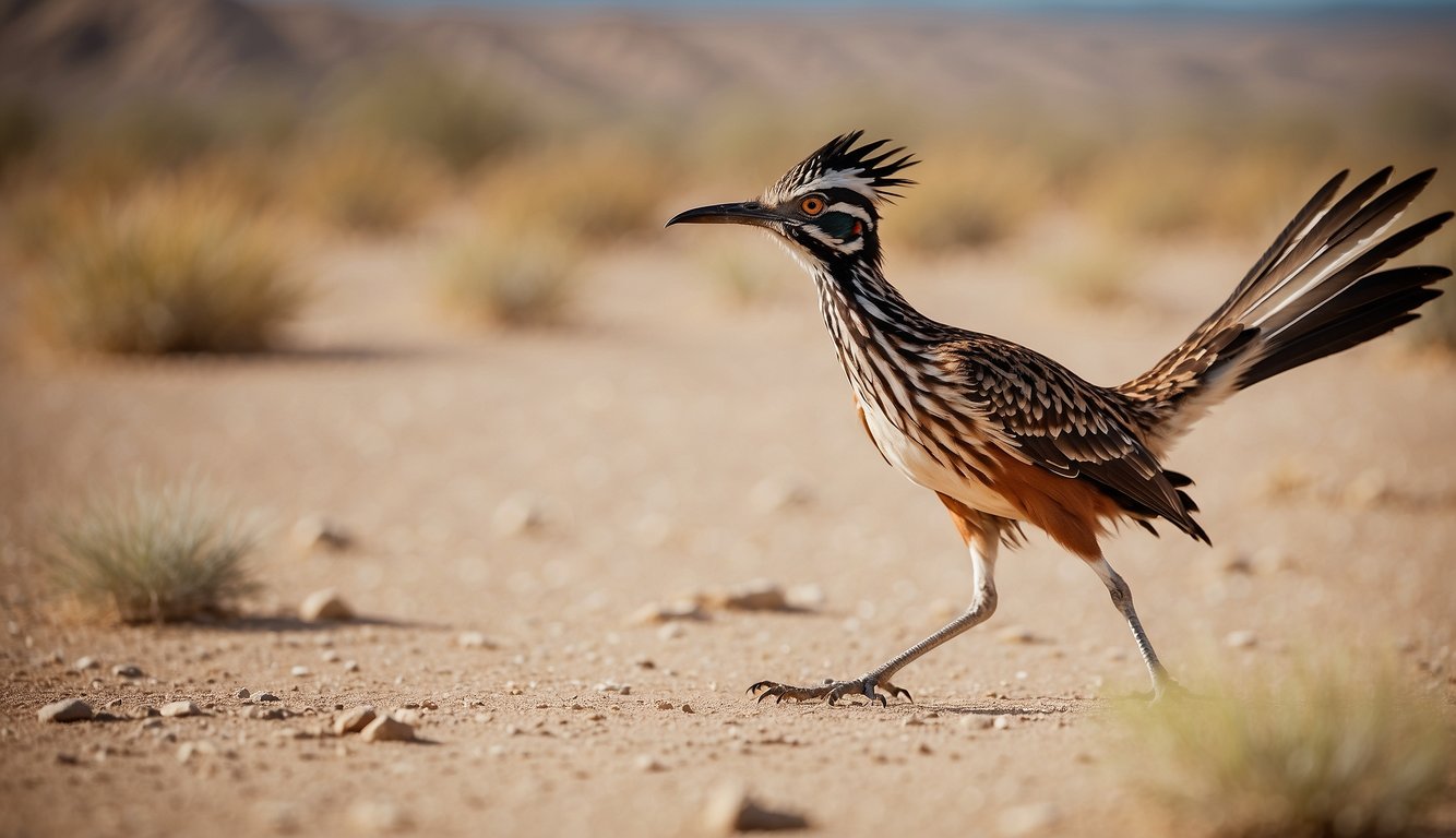 The roadrunner darts across the sandy desert floor, its long legs propelling it forward with incredible speed.

Its sleek, mottled brown and white feathers blend seamlessly with the rocky terrain, providing excellent camouflage from predators