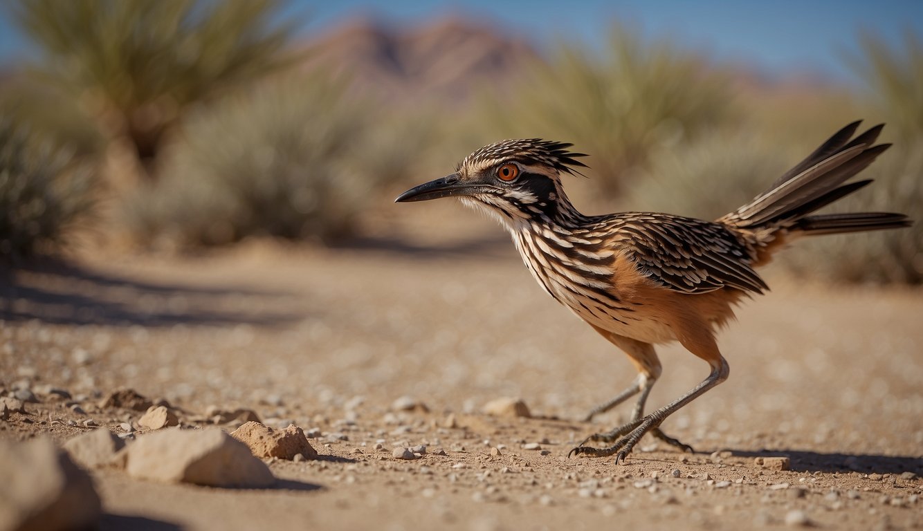 The roadrunner swiftly hunts for insects and small reptiles in the desert, using its sharp beak and agile movements to catch its prey.

It also relies on its ability to blend into its surroundings and its quick reflexes to evade predators
