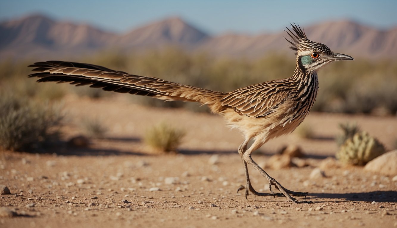 A roadrunner dashes across the scorching desert, its sleek body and long legs propelling it forward.

Its keen eyes scan the arid landscape for prey, while its distinctive crest bounces with each agile stride