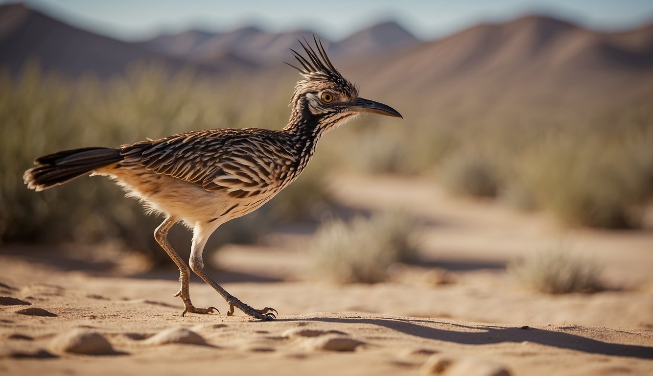 The roadrunner darts across the desert, its sleek body blending into the sandy landscape.

Its long legs propel it forward, while its distinctive crest bobs with each agile movement