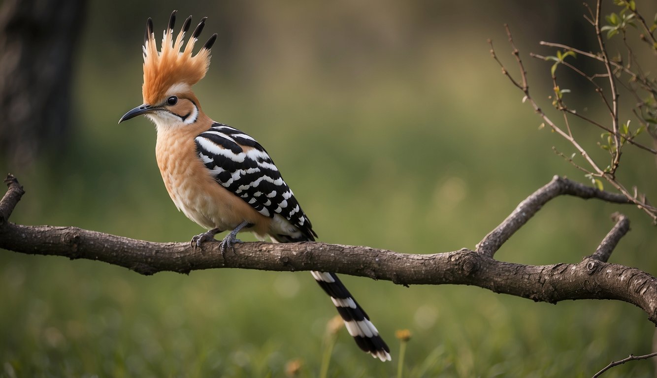 A hoopoe perches on a branch, displaying its distinctive crown of black and white feathers, while foraging for insects in a grassy meadow