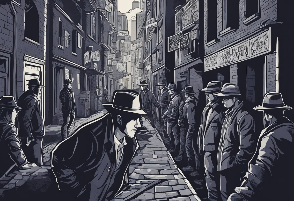 A dimly lit alleyway, with graffiti-covered walls and a shadowy figure in a fedora, surrounded by a group of tough-looking men, spouting menacing gangster quotes
