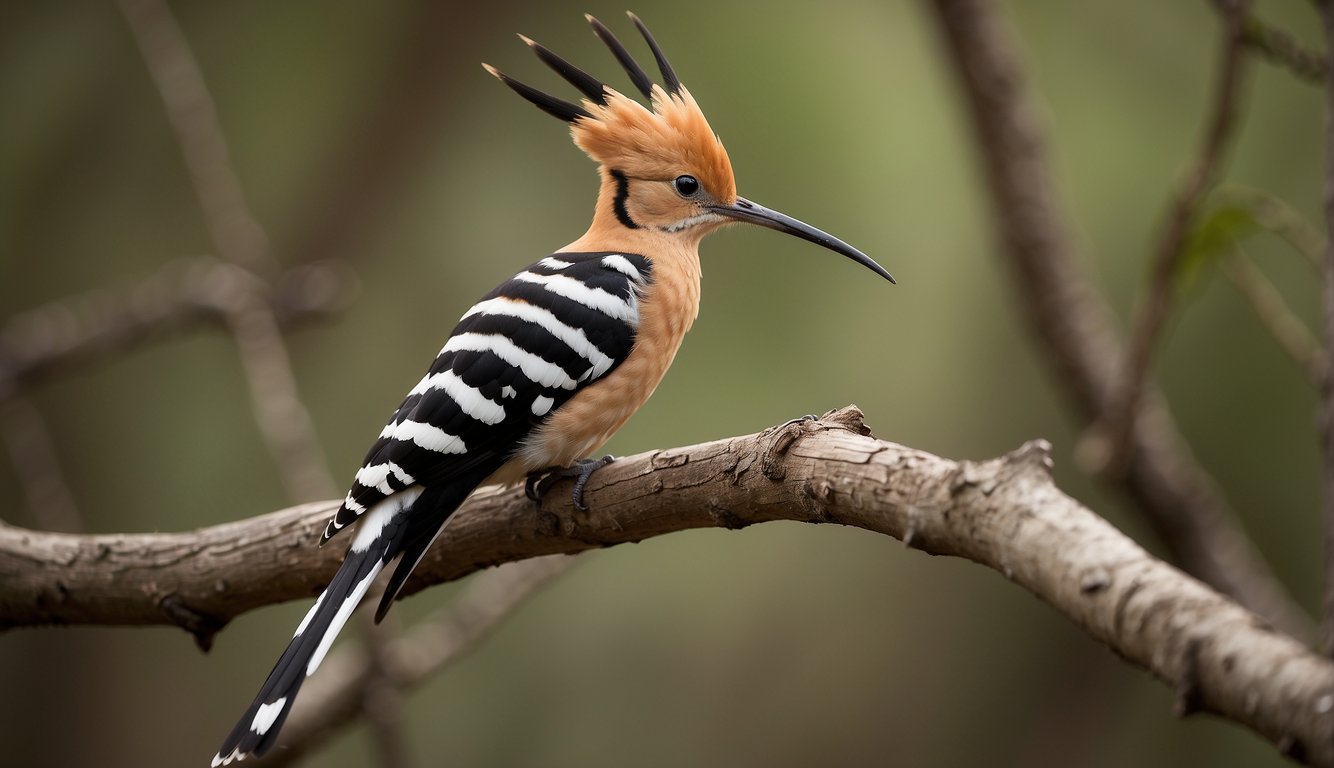 The hoopoe perched on a branch in a dry, open woodland, with its distinctive crown raised and its long, curved beak probing for insects in the ground