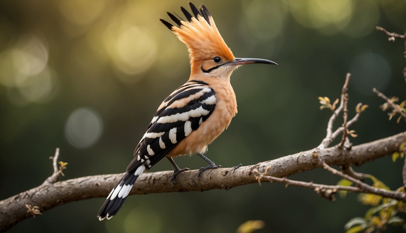 A hoopoe perched on a branch, displaying its distinctive crown feathers.

Its beak is probing the ground for insects, while its vibrant plumage catches the sunlight