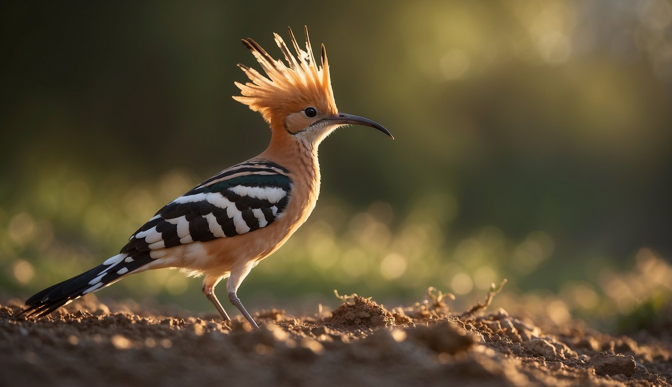 A hoopoe bird uses its long, curved beak to dig for insects in the ground, while its distinctive crown of feathers catches the sunlight, signaling its fitness for reproduction and survival