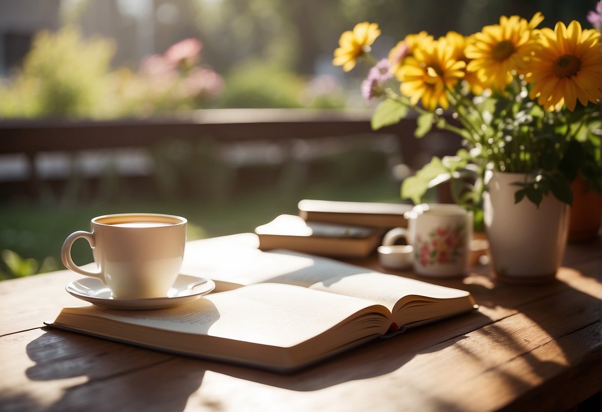 A cozy, sunlit room with a desk, open journal, and a cup of tea. Outside, a garden blooms with vibrant flowers. A sense of peace and contentment fills the air