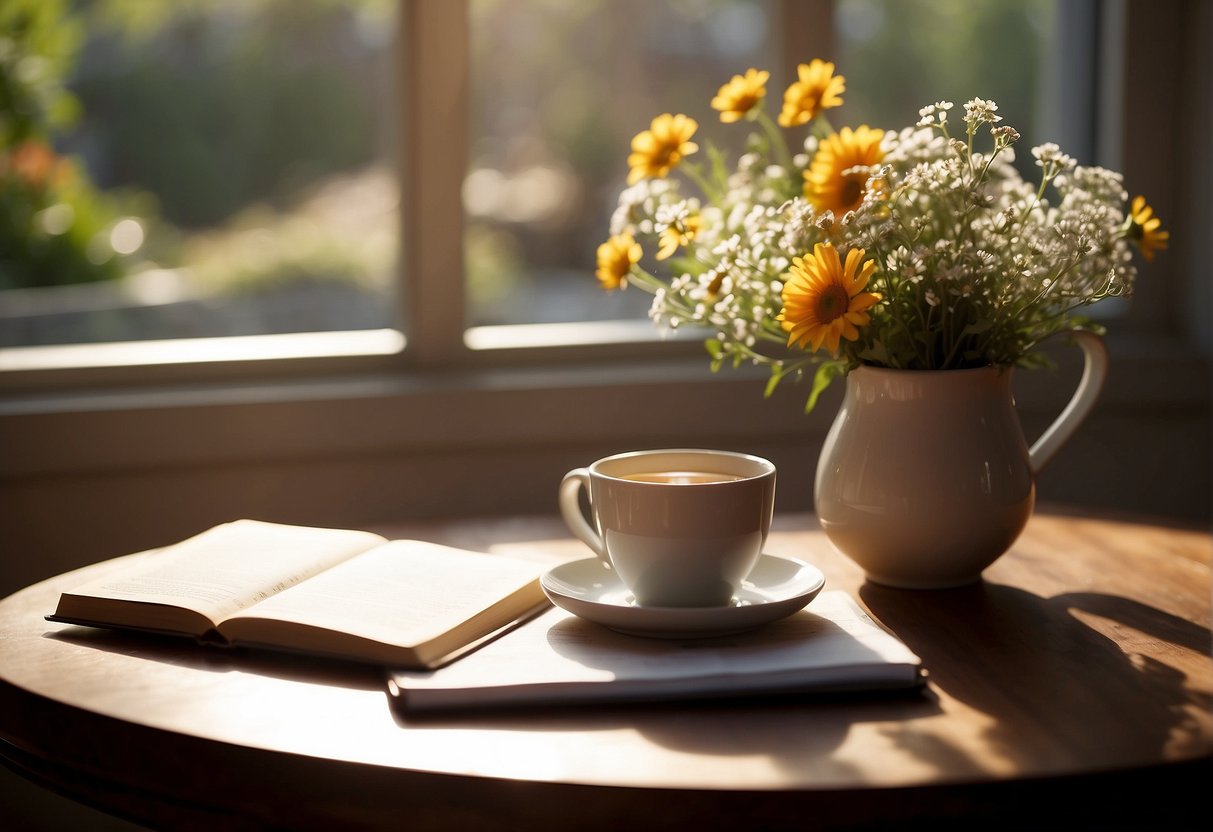 A cozy desk with a pen, journal, and a cup of tea. Sunlight streams in through a window, casting a warm glow on the scene. A vase of fresh flowers sits nearby, adding a touch of natural beauty